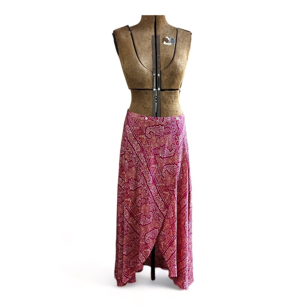 VIX Paula Hermanny Rasberry Batik Silk Wrap Maxi Skirt or Coverup, M